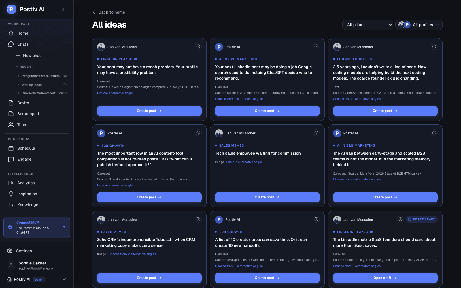 Postiv ideas board with post ideas per content pillar