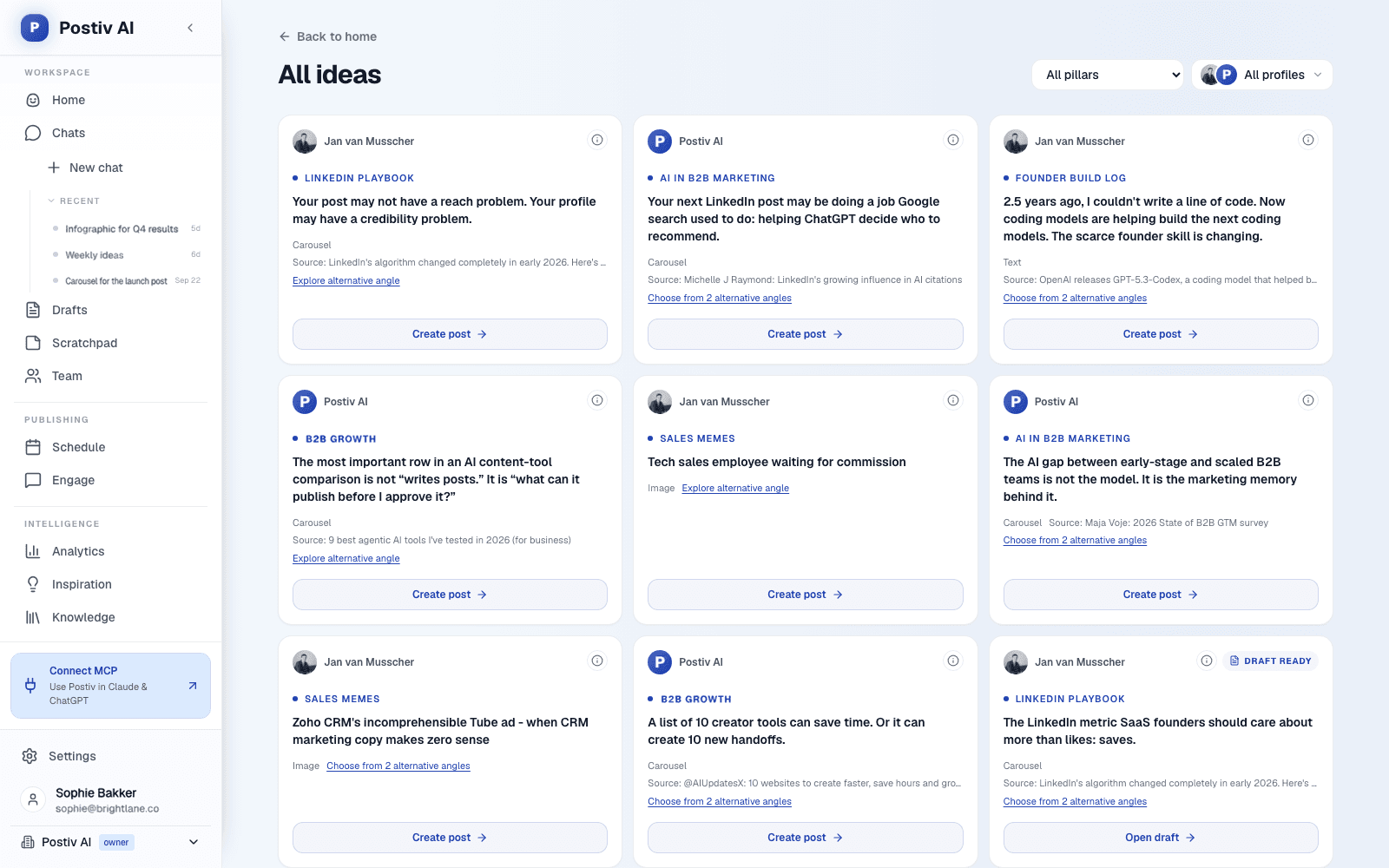 Postiv ideas board with post ideas per content pillar